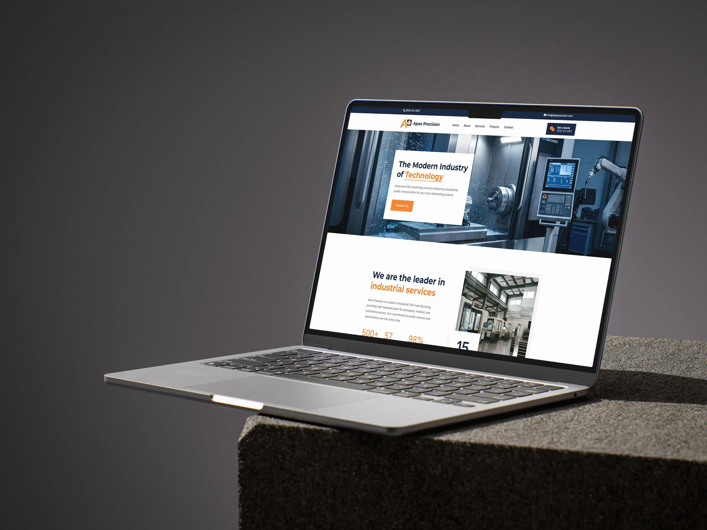 Apex Precision homepage on a laptop, showing a CNC machine hero and the headline "The Modern Industry of Technology".