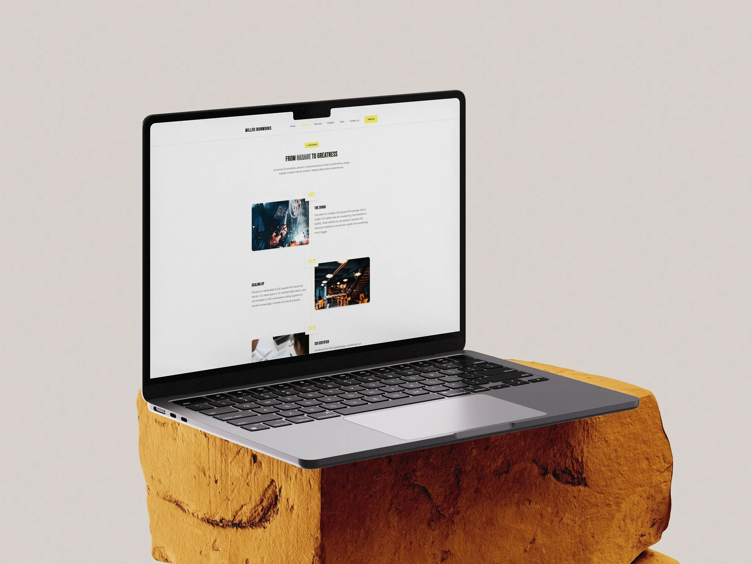 Miller Ironworks company story timeline on a laptop.
